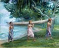 Filles portant un canoë Vaiala aux Samoa John LaFarge